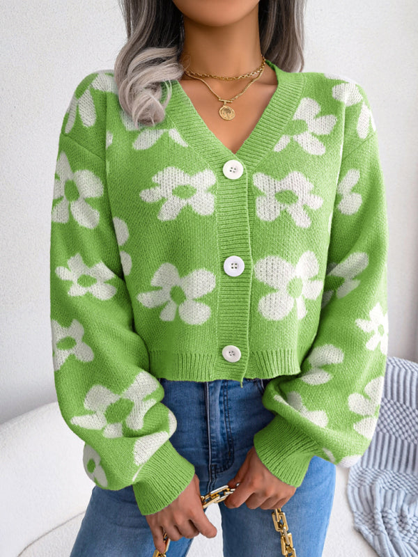 Blue Zone Planet | contrast color flower lantern sleeve cardigan sweater coat BLUE ZONE PLANET