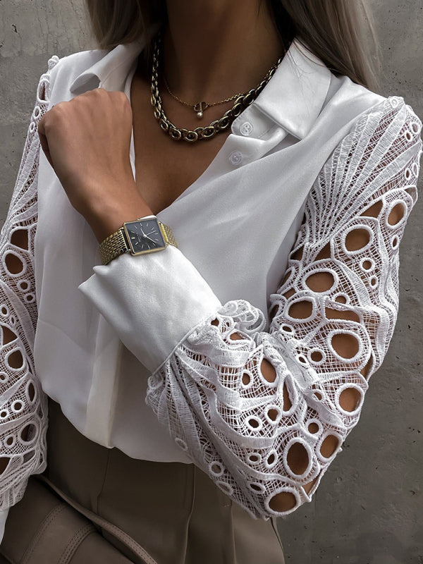 Blue Zone Planet | Lace Panel Long Sleeve Shirt Top BLUE ZONE PLANET