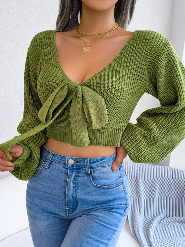 Blue Zone Planet | Bow V-Neck Lantern Sleeve Crop Sweater BLUE ZONE PLANET