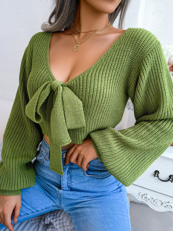 Blue Zone Planet | Bow V-Neck Lantern Sleeve Crop Sweater BLUE ZONE PLANET
