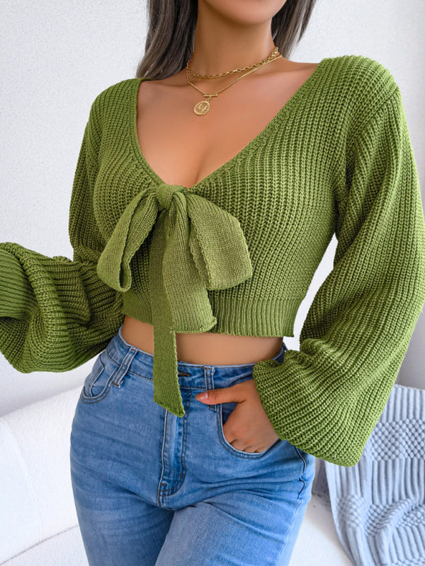 Blue Zone Planet | Bow V-Neck Lantern Sleeve Crop Sweater BLUE ZONE PLANET