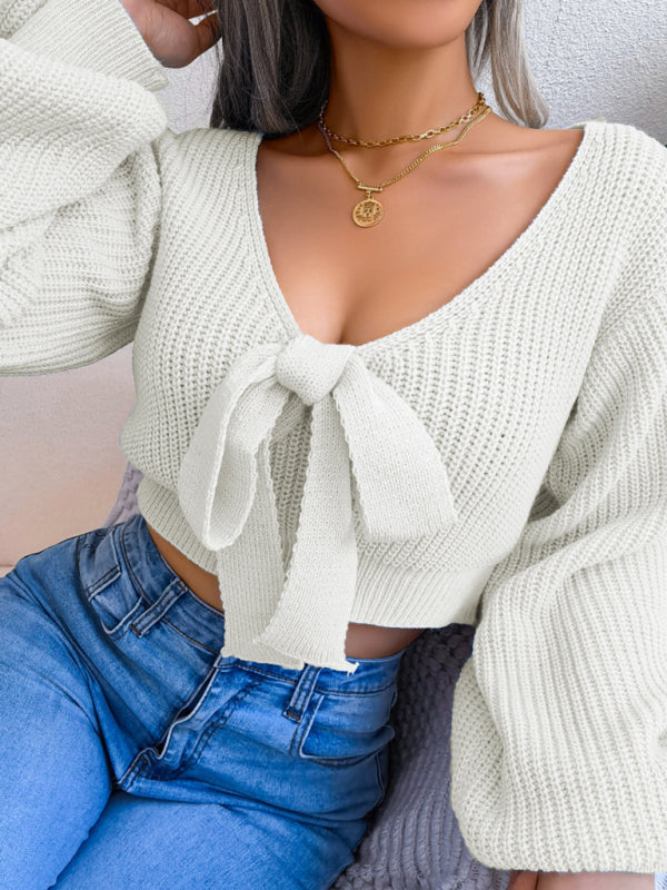 Blue Zone Planet | Bow V-Neck Lantern Sleeve Crop Sweater BLUE ZONE PLANET