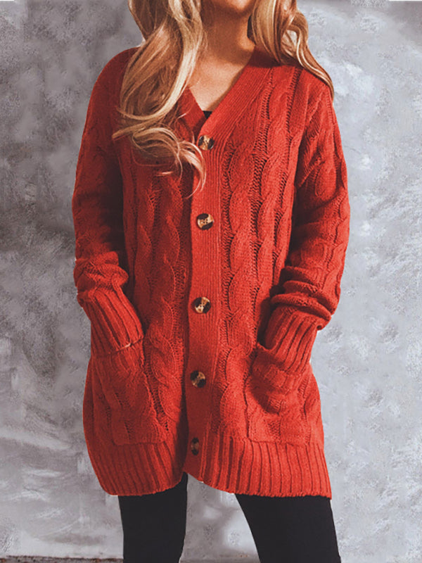 Single Breasted Twist Pocket Long Sleeve Knit Sweater Cardigan BLUE ZONE PLANET