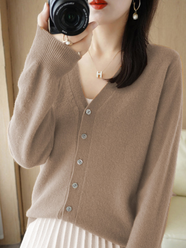 Blue Zone Planet | V-neck solid color short knitted cardigan coat sweater BLUE ZONE PLANET
