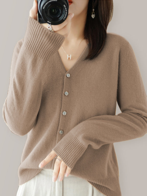 Blue Zone Planet | V-neck solid color short knitted cardigan coat sweater BLUE ZONE PLANET