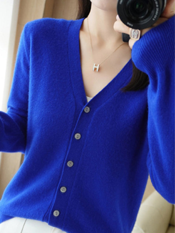 Blue Zone Planet | V-neck solid color short knitted cardigan coat sweater BLUE ZONE PLANET