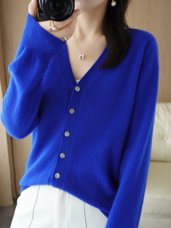 Blue Zone Planet | V-neck solid color short knitted cardigan coat sweater BLUE ZONE PLANET