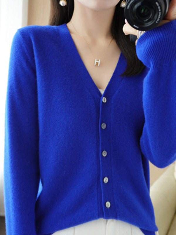 Blue Zone Planet | V-neck solid color short knitted cardigan coat sweater BLUE ZONE PLANET