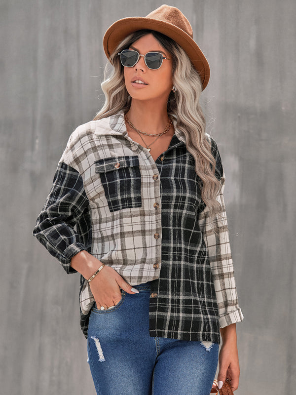 lapel plaid long sleeve loose shirt BLUE ZONE PLANET