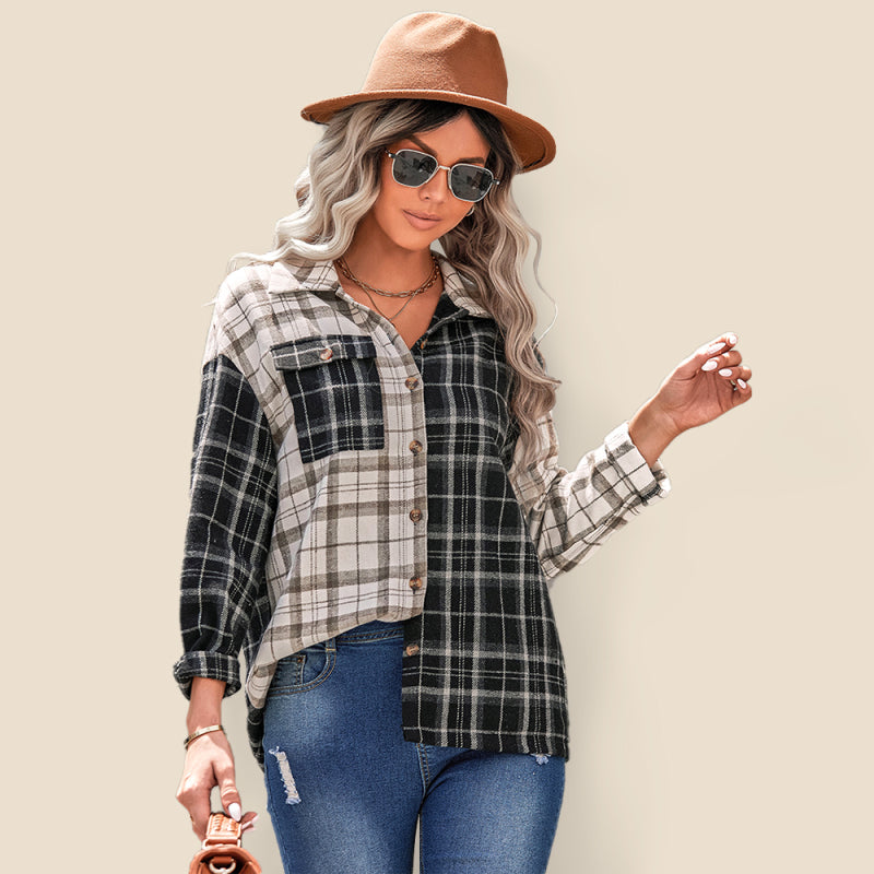 lapel plaid long sleeve loose shirt BLUE ZONE PLANET