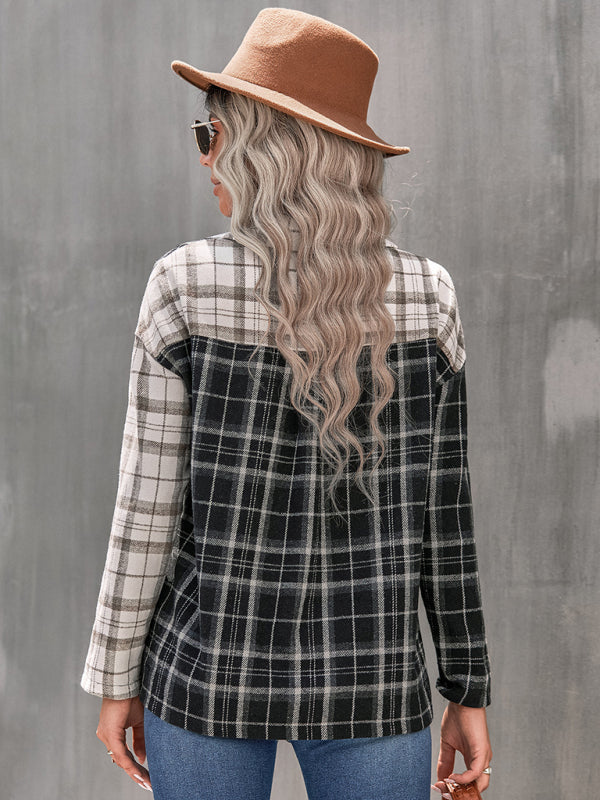 lapel plaid long sleeve loose shirt BLUE ZONE PLANET