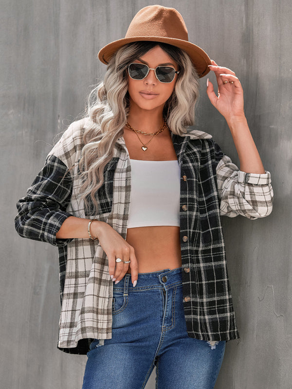 lapel plaid long sleeve loose shirt BLUE ZONE PLANET