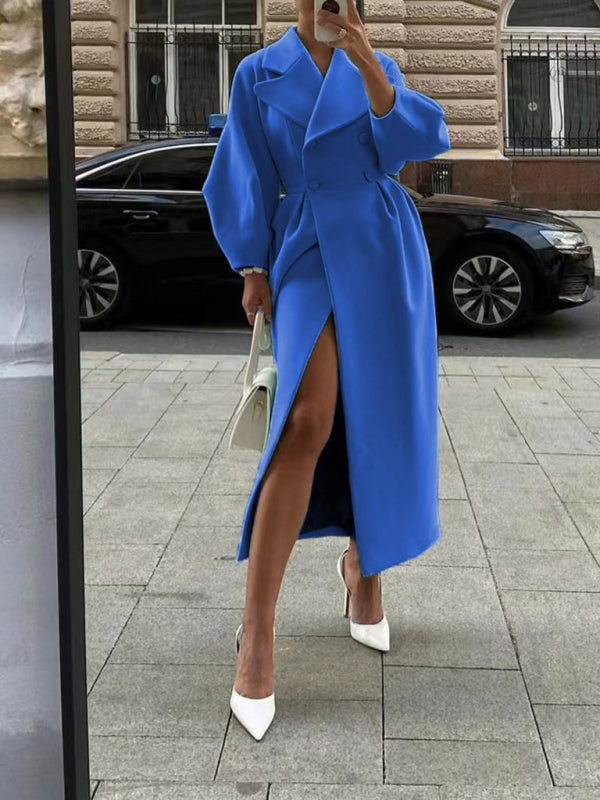 Blue Zone Planet | Retro court style lantern sleeve woolen coat with large lapel and long coat BLUE ZONE PLANET