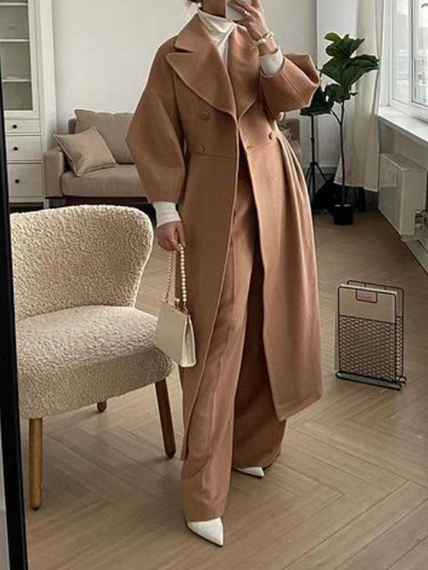 Blue Zone Planet | Retro court style lantern sleeve woolen coat with large lapel and long coat BLUE ZONE PLANET