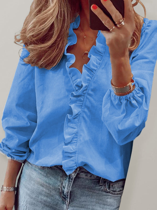 Blue Zone Planet | Spring and summer European and American long-sleeved ruffled shirt shirt BLUE ZONE PLANET