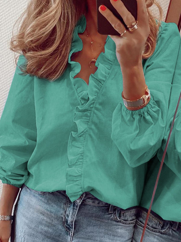 Blue Zone Planet | Spring and summer European and American long-sleeved ruffled shirt shirt BLUE ZONE PLANET