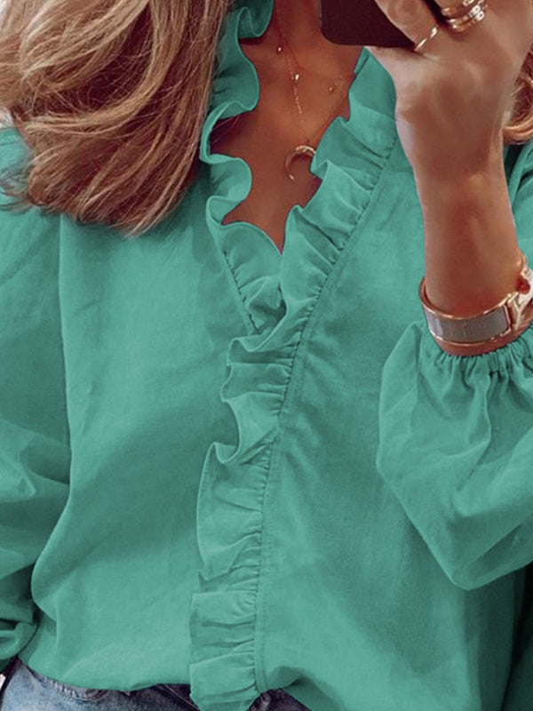 Blue Zone Planet | Spring and summer European and American long-sleeved ruffled shirt shirt BLUE ZONE PLANET