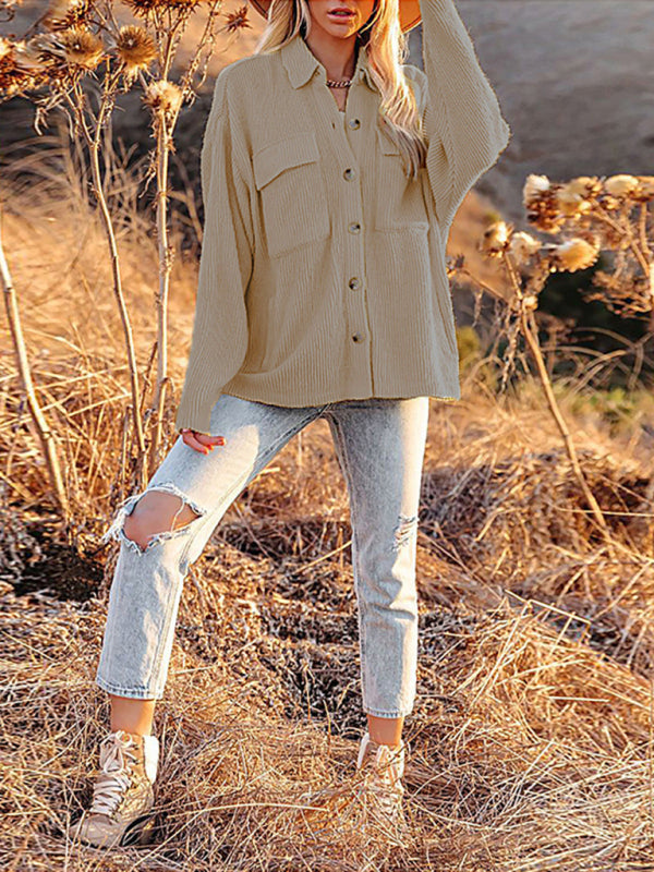 Blue Zone Planet |  Solid Color Loose Corduroy Pocket Long Sleeve Cardigan Jacket BLUE ZONE PLANET