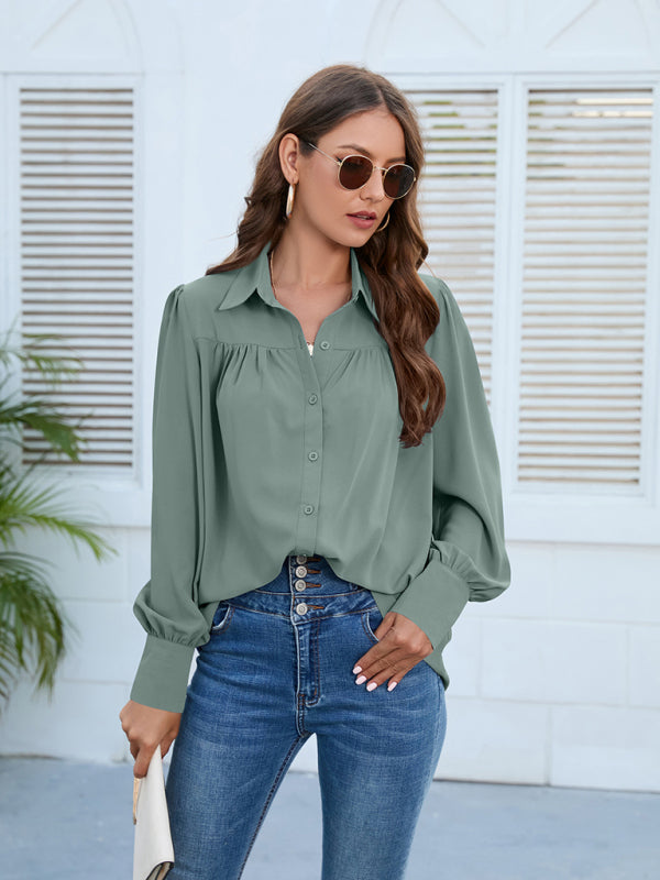 Blue Zone Planet | Spring and autumn new chiffon shirt women's shirt pleated long-sleeved top BLUE ZONE PLANET