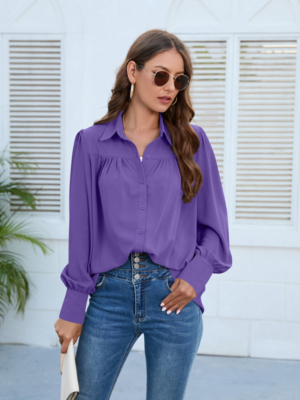 Blue Zone Planet | Spring and autumn new chiffon shirt women's shirt pleated long-sleeved top BLUE ZONE PLANET