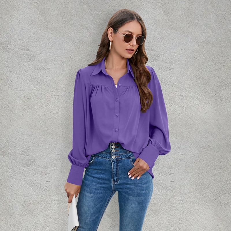 Blue Zone Planet | Spring and autumn new chiffon shirt women's shirt pleated long-sleeved top BLUE ZONE PLANET