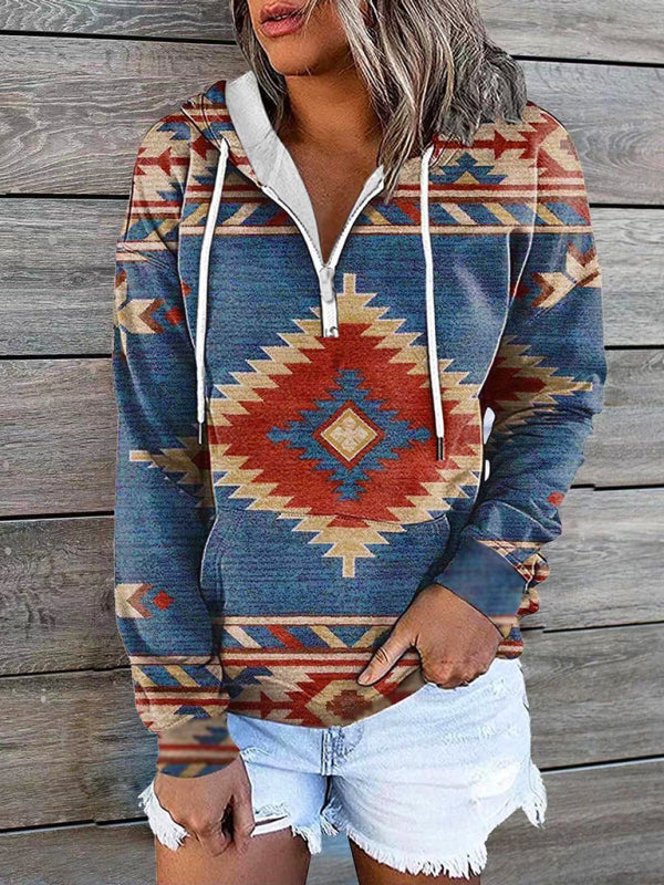 Blue Zone Planet | ethnic tribal print hooded sweater jacket top BLUE ZONE PLANET
