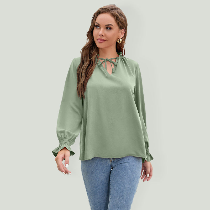 Blue Zone Planet | Long-sleeved tops V-neck loose chiffon tops for women BLUE ZONE PLANET