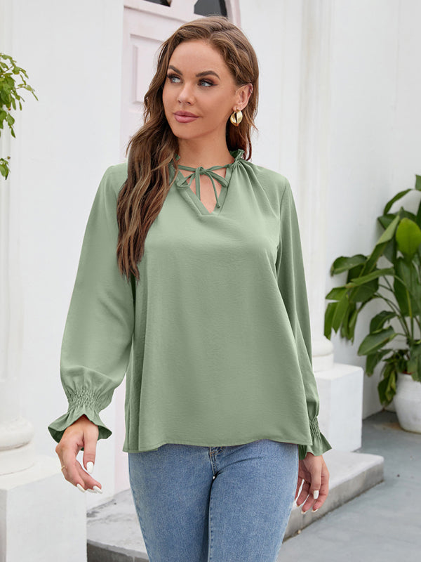Blue Zone Planet | Long-sleeved tops V-neck loose chiffon tops for women BLUE ZONE PLANET