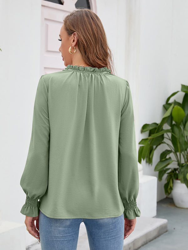 Blue Zone Planet | Long-sleeved tops V-neck loose chiffon tops for women BLUE ZONE PLANET