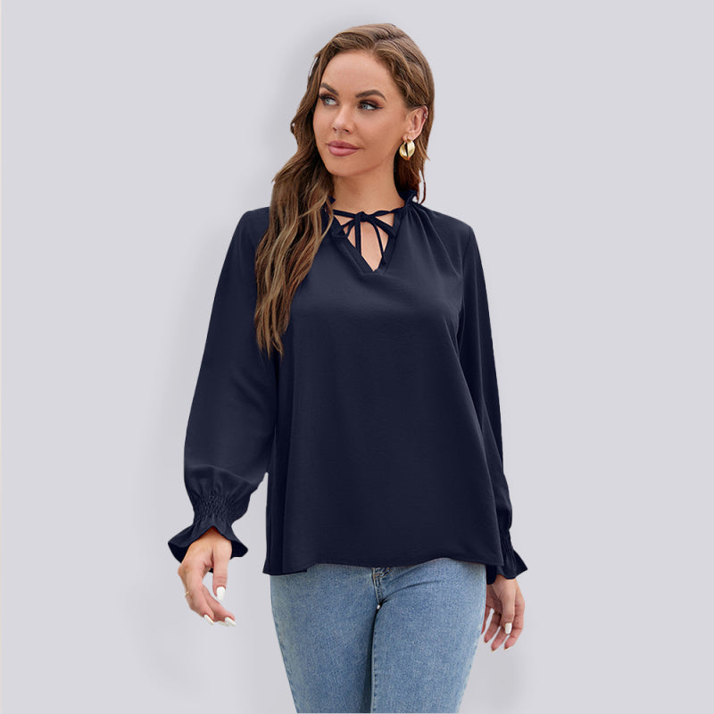 Blue Zone Planet | Long-sleeved tops V-neck loose chiffon tops for women BLUE ZONE PLANET