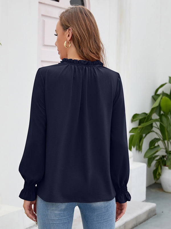Blue Zone Planet | Long-sleeved tops V-neck loose chiffon tops for women BLUE ZONE PLANET