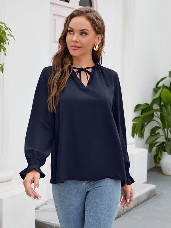 Blue Zone Planet |  Long-sleeved tops V-neck loose chiffon tops for women BLUE ZONE PLANET