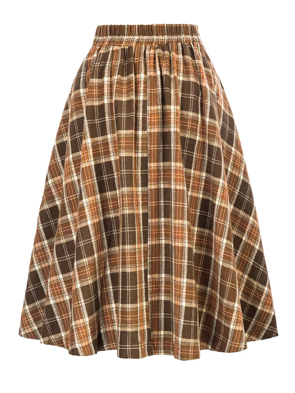 Blue Zone Planet | s Button Waist Swing Skirt Plaid Skirt Wool Swing Skirt BLUE ZONE PLANET