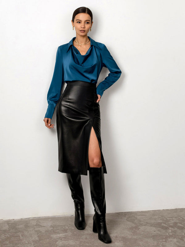 Blue Zone Planet | slit pu leather skirt high waist bag hip skirt BLUE ZONE PLANET