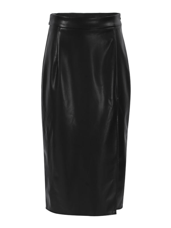 Blue Zone Planet | slit pu leather skirt high waist bag hip skirt BLUE ZONE PLANET