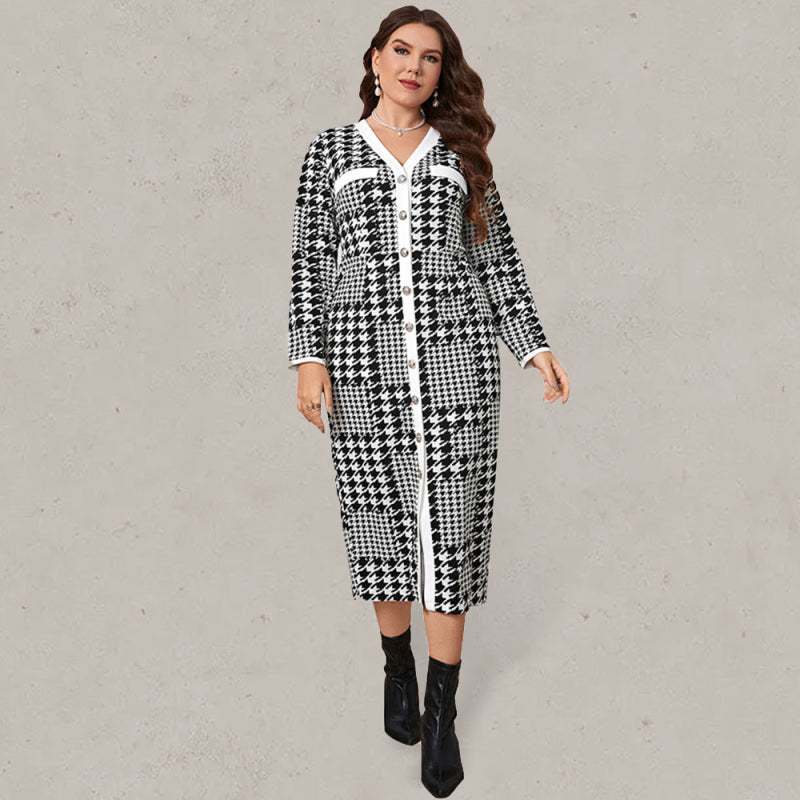 Plus-size slim-fit hip-packed long high-quality plaid midi dress kakaclo
