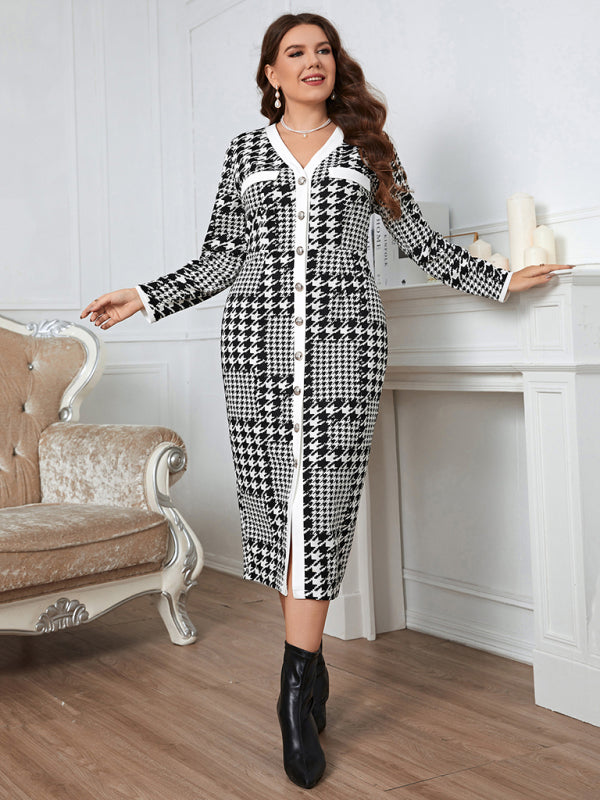 Plus-size slim-fit hip-packed long high-quality plaid midi dress kakaclo