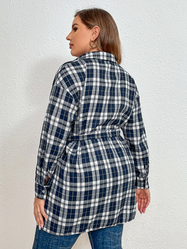 Plus size plaid tie lapel long-sleeved shirt jacket BLUE ZONE PLANET