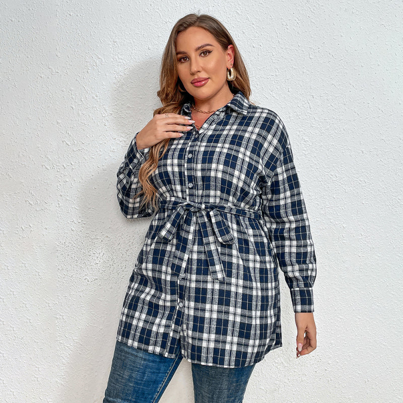 Plus size plaid tie lapel long-sleeved shirt jacket BLUE ZONE PLANET