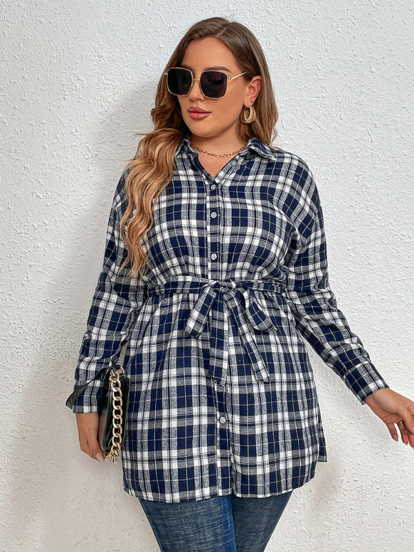 Plus size plaid tie lapel long-sleeved shirt jacket BLUE ZONE PLANET