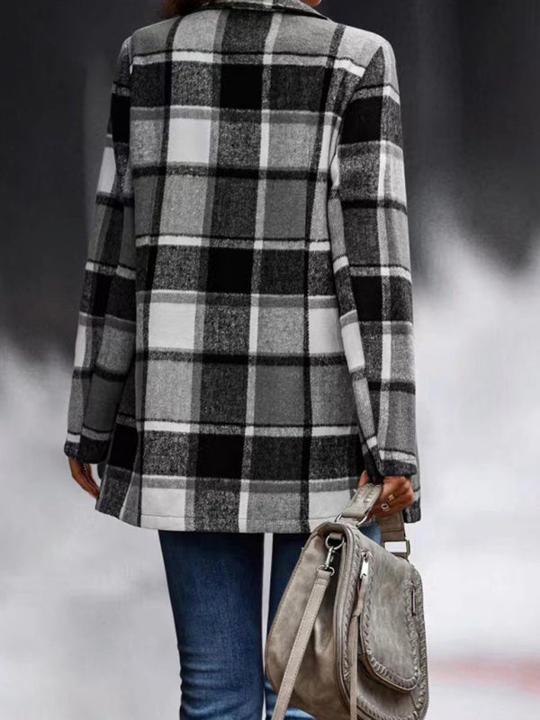 Maya's Loose Plaid Printed Long Sleeve Pocket Jacket BLUE ZONE PLANET