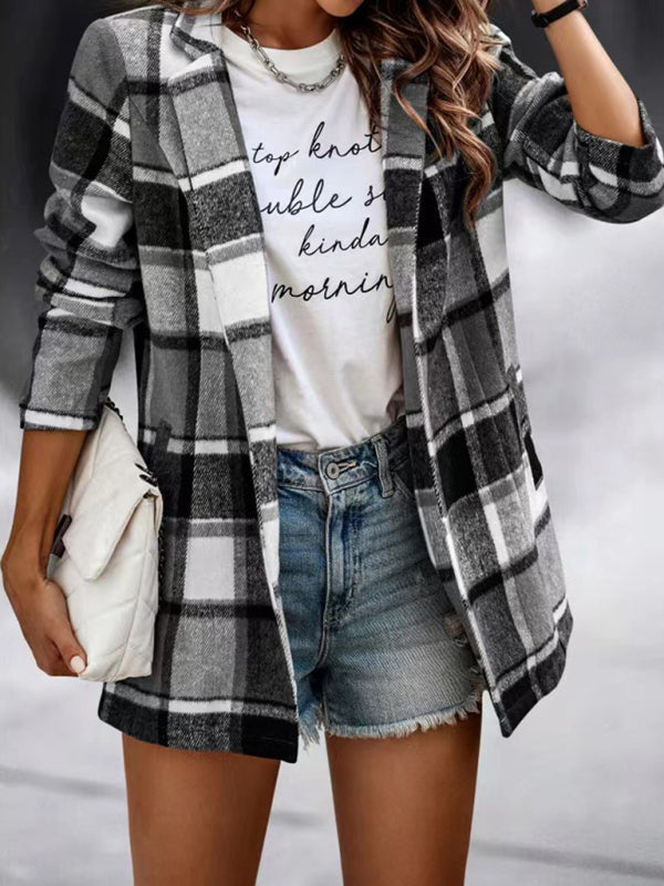 Maya's Loose Plaid Printed Long Sleeve Pocket Jacket BLUE ZONE PLANET