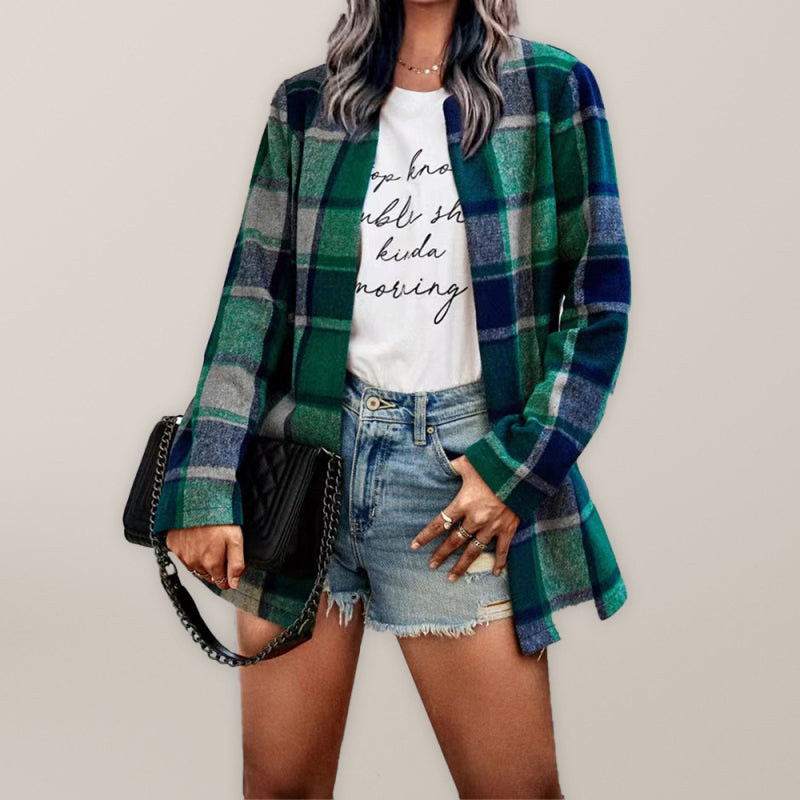 Maya's Loose Plaid Printed Long Sleeve Pocket Jacket BLUE ZONE PLANET