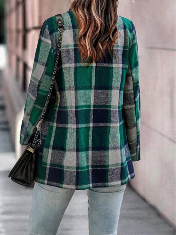Maya's Loose Plaid Printed Long Sleeve Pocket Jacket BLUE ZONE PLANET