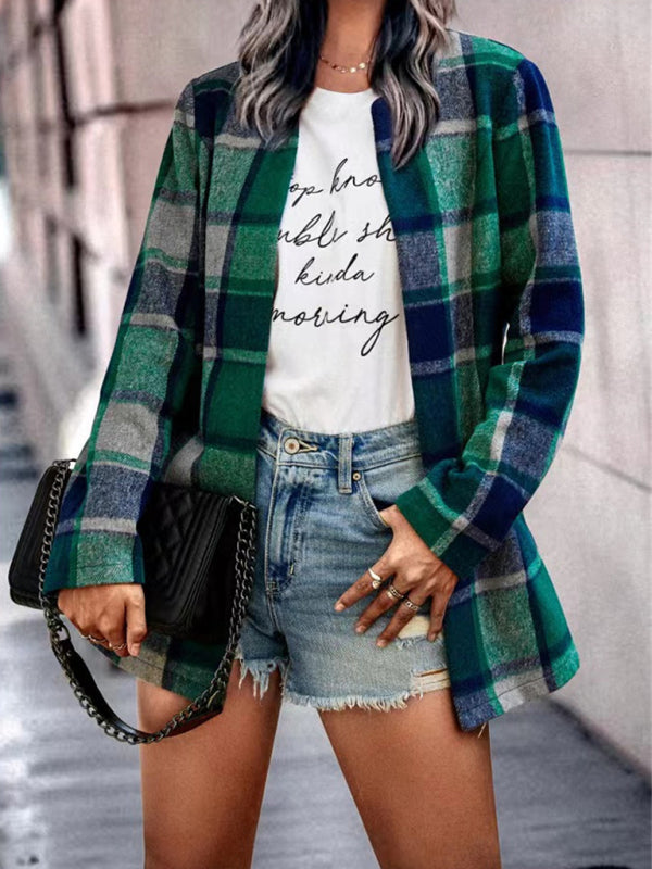 Maya's Loose Plaid Printed Long Sleeve Pocket Jacket BLUE ZONE PLANET