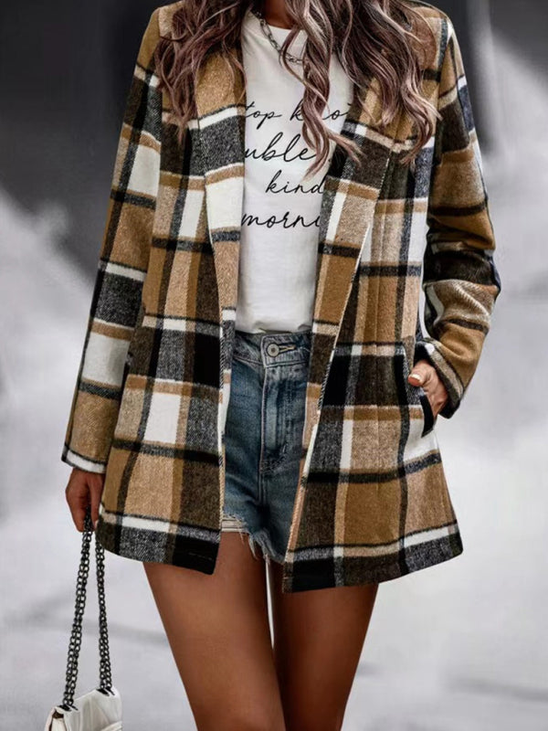 Maya's Loose Plaid Printed Long Sleeve Pocket Jacket BLUE ZONE PLANET
