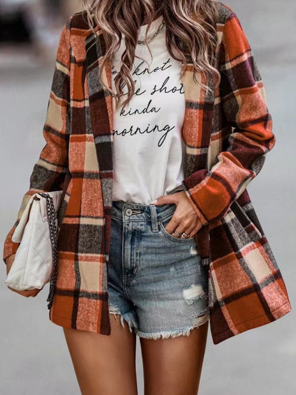 Maya's Loose Plaid Printed Long Sleeve Pocket Jacket BLUE ZONE PLANET