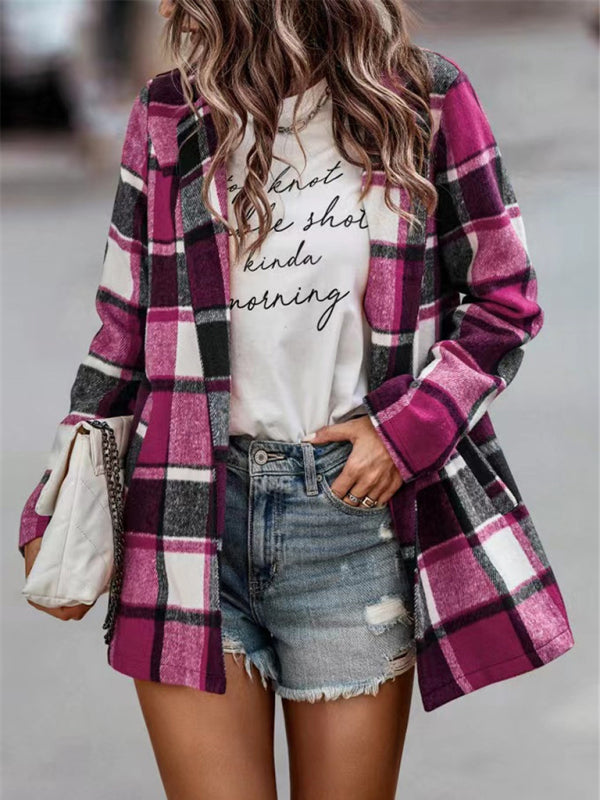 Maya's Loose Plaid Printed Long Sleeve Pocket Jacket BLUE ZONE PLANET