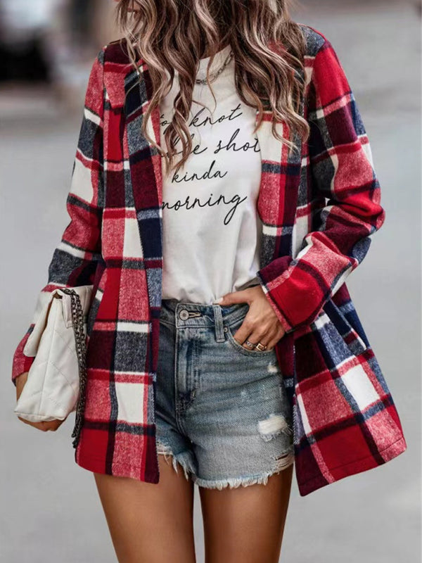 Maya's Loose Plaid Printed Long Sleeve Pocket Jacket BLUE ZONE PLANET