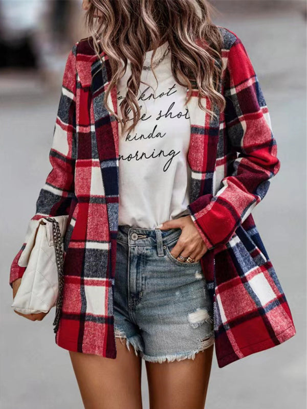 Maya's Loose Plaid Printed Long Sleeve Pocket Jacket BLUE ZONE PLANET